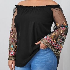 SHEIN Green Off-Shoulder Blouse with Mesh Sleeves Floral Embroidery Boho Top 4XL